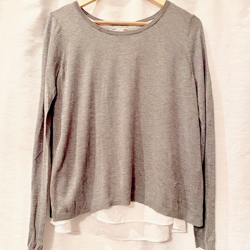 Light gray sweater, lined with white chiffon & an overlapping “open” back.